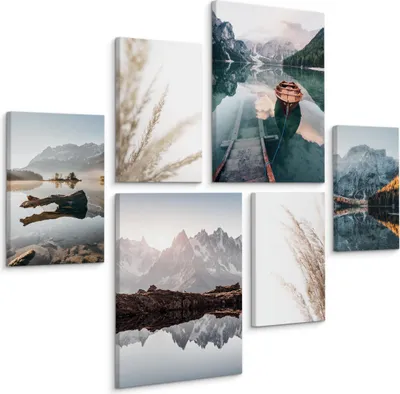 Produktbild von Muralo Leinwand Bilder Set AUFHÄNGFERTIG 4 Bilder 20x30cm mit 2 Bilder 30x40cm BERGE See Landschaft 3D