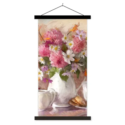 Produktbild von MuchoWow® Textilposter Gemälde - Blumen - Vase - Ölfarbe 90x180 cm mit schwarzem Rahmen - Dekoration Wohnzimmer