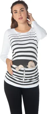 Immagine prodotto di Maglietta premaman manica lunga bebè in fuga – abbigliamento premaman donna, 95% cotone, bianco, taglia S