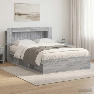 Image de Lit double exclusif avec rangement, coloris gris Sonoma, dimensions 160 x 200 cm, fabriqué en panneaux de particules