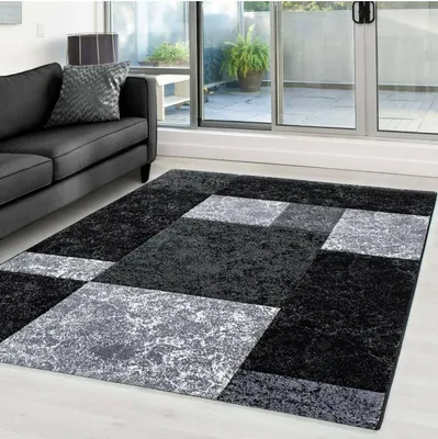 Produktbild von Moderner Design Teppich mit grafischem Muster - Kurzflor für Wohnzimmer, Büro, Schlafzimmer & Jugendzimmer, Größe: 200 x 290 cm, Farbe: Schwarz-2