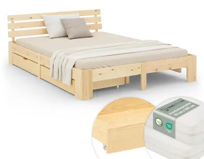 Image de Lit Double 180x200 cm avec 2 Matelas et Tiroirs Lit en Bois Naturelle Cadre de Lit Sommier à Lattes