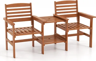 Produktbild von GOPLUS Gartenbank mit Tisch, 2-Sitzer Holzbank mit Schirmloch, Balkonbank aus Hartholz, Sitzbank Outdoor Sitzgarnitur, für Balkon, Garten & Veranda, 159,5 x 61,5 x 88 cm