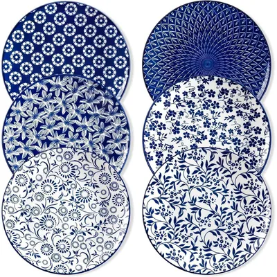 Immagine prodotto di Set di 6 piatti in porcellana, decorati con un motivo blu e bianco, diametro 26,1 cm. Adatti al microonde e lavabili in lavastoviglie