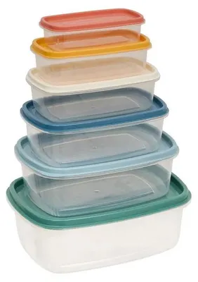 Image de Lot de 6 boîtes alimentaires empilables en plastique - Multicolore - L 25,5 x l 19,9 x H 9 cm