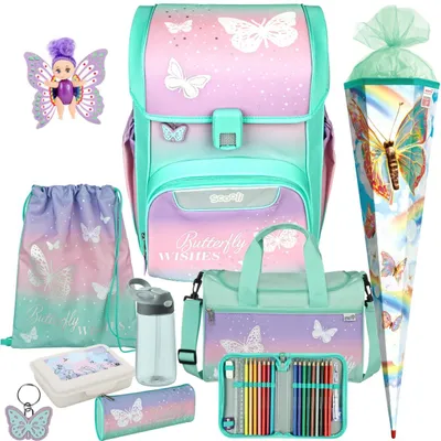 Produktbild von Scooli Schulranzen 1. Klasse Mädchen Butterfly Wishes EasyStart 10tlg.Set mit Sporttasche, Brotdose, Trinkflasche, Fairy-Püppchen und Schultüte RR