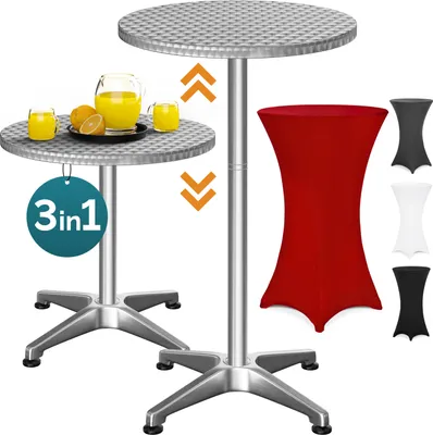 Two silver bar tables, one with drinks and oranges, and a red table cover. Several colored table covers are shown on the right.