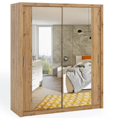 Produktbild von Schwebetürenschrank BONO 180 cm +Spiegel Eiche artisan Schiebetürenschrank mit Kleiderstangen und Spiegel