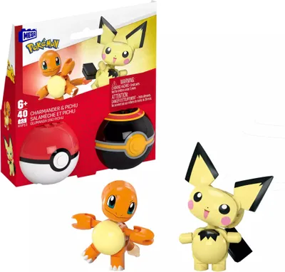 Obrázek produktu pro MEGA Pokémon akční figurky, sada hraček, Pokéball 2-pack, Pichu a Charmander se 40 dílky, pro děti, HXP13