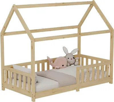 Obrázek produktu pro Dětská postel ve tvaru domečku - Postel s roštem - Bezpečná konstrukce - S ochranou proti vypadnutí - 80 x 160 cm - Přírodní barva