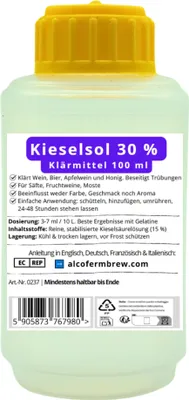 A bottle of Kieselsol 30% clarifying agent with a yellow cap and a label detailing its uses and instructions.