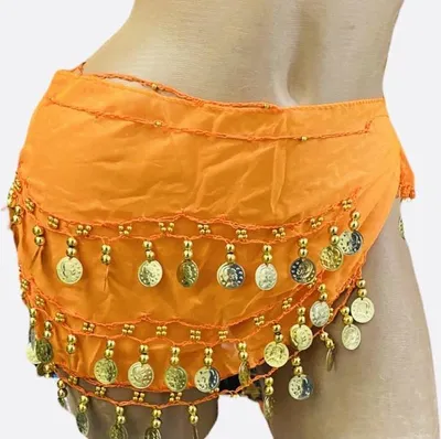 Zdjęcie produktu dla Jumada's – stylowy szal do tańca brzucha ze złotymi monetami – 150 cm – pomarańczowy