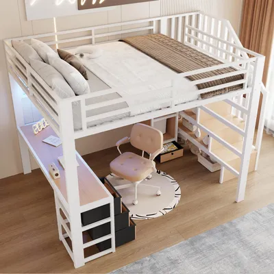 Image de OKWISH Lit Mezzanine 140x200 cm - avec LED, Bureau et 4 Tiroirs de Rangement - sans Matelas - Métal - Blanc