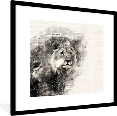Produktbild von MuchoWow® MuchoWow® Gerahmtes Poster Löwe - Zeitung - Schwarz - Weiß 40x40 cm - Poster mit zchwarzem Bilderrahmen - Poster - Plakat im Rahmen