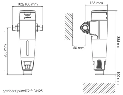 Technical drawing with dimensions of a water filter.