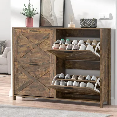Image de Armoire à chaussures étroite avec 4 portes, de style rétro, couleur marron, 120 cm