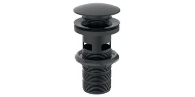 A black pop-up drain assembly for a sink.