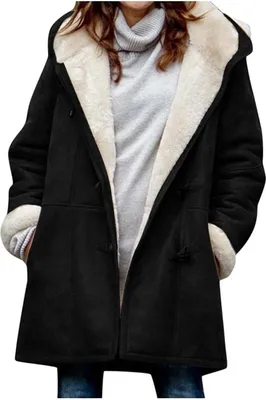 Produktbild von ASKSA Damen Fleecejacke Wintermantel Warm Fleece Hornknopfjacke Herbst Winter Kapuzenpullover Jacke Mantel, Schwarz, S