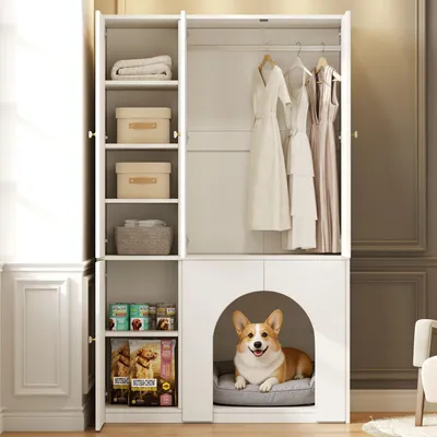 Produktbild von STILVORA Kleiderschrank 3-türig mit mehreren Staubereichen und Kleiderstange, Aufbewahrungsschrank mit Haustierbereich, Hochschrank als haustierfreundliche Möbel