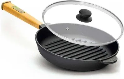 Produktbild von Famanu Grillpfanne 24 cm mit Glasdeckel - Induktionsgeeignet - Holzgriff