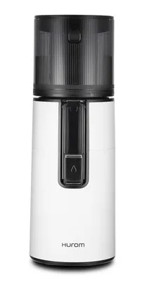 A white Hurom slow juicer is shown against a white background.
