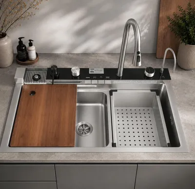 Produktbild von Faizee Home Edelstahlspüle Silber 75x46 cm Wasserfall Küchenspüle mit Multifunktionsarmatur Siphon Set