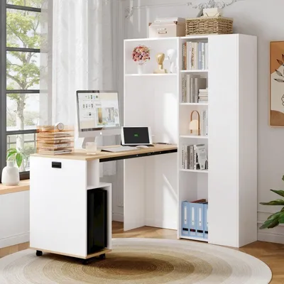 Produktbild von Klappbarer Schreibtisch mit Ablagen –2-in-1-Bücherregal und Schreibtisch, klappbar, mit Steckdose und USB-Anschluss, Kippschutz, weiß