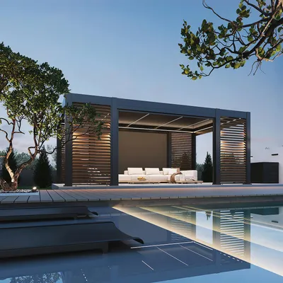 Produktbild von Weide Prestige Pergola Aluminium 3,6x6,57m mit Lamellendach, LED, 4x Lamellenwand & 4x Sonnenrollos anthrazit
