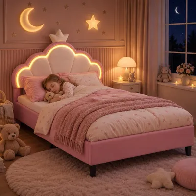 Produktbild von INONEFT Kinderbett Polsterbett 140x200 cm, LED Einzelbett für Mädchen mit Kronen-Design und verstellbarem Kopfteil, Einzelbett mit Lattenrost, Flanell