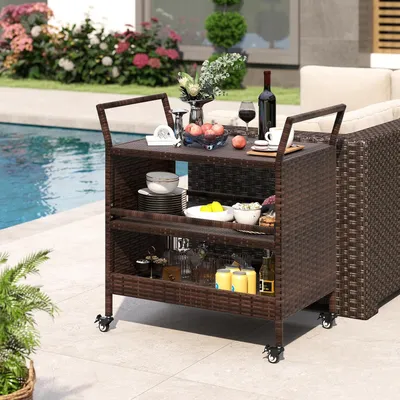 Zdjęcie produktu dla KOMFOTTEU wózek kuchenny na kółkach, wózek do serwowania z rattanu PE z uchwytami, wózek grillowy z 3 półkami, wózek kuchenny 86 x 50 x 89 cm, wózek kuchenny do kuchni, jadalni, ogrodów