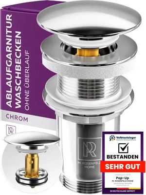 Immagine prodotto di M. ROSENFELD HOME Kit di scarico per lavabo 1 1/4" – Valvola di scarico a scomparsa con apertura a pressione, per lavabi, sifoni e kit di scarico con e senza troppofilo, accessori per lavabi