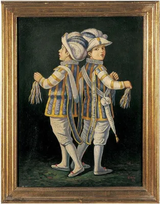Produktbild von Casa Padrino Luxus Barock Ölgemälde Zwillinge Blau / Mehrfarbig / Gold 64 x H. 82 cm - Handgemaltes Gemälde im Barockstil - Barock Wand Deko
