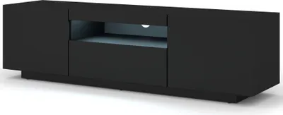 A black TV stand with LED lighting.