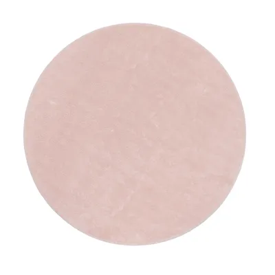 A round, pink rug is shown from a top-down perspective against a white background.