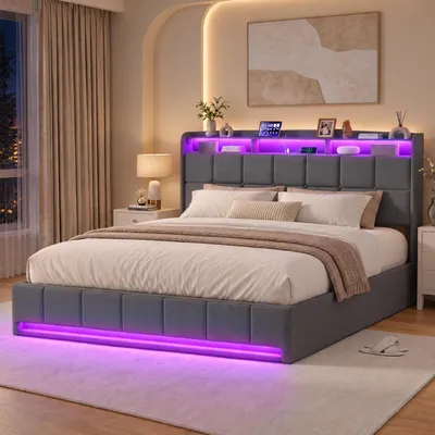Obrázok produktu pre INONEFT, čalúnená posteľ 160 x 200 cm, hydraulická posteľ s úložným priestorom, dvojlôžko s USB portmi a LED osvetlením, posteľ pre mládež, funkčná posteľ, materiál: ľan, farba: sivá