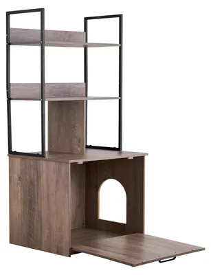 Zdjęcie produktu dla Szafka dla kotów SucceBuy z półkami 600 x 500 x 1272 mm, szafka dla kotów z półkami, drzwiami i wieszakami, mebel dla kotów, stolik pomocniczy, drewniany domek dla kotów, nadaje się do większości kuwet