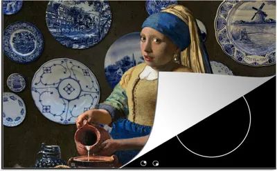 Produktbild von KitchenYeah© Herdabdeckplatte Milchmädchen - Das Mädchen mit dem Perlenohrring - Vermeer , 81x52cm, Küche Deko, Glaskeramikkochfeld Herdabdeckung, Abdeckplatte fùr Kochfeld