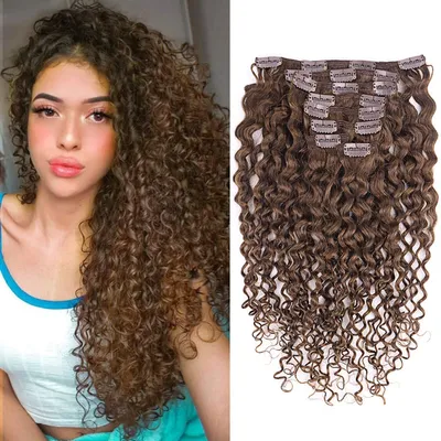 Immagine prodotto di Estensione per capelli con clip, capelli naturali, ricci e mossi, 55 cm, 120g, 8 pezzi, marrone scuro