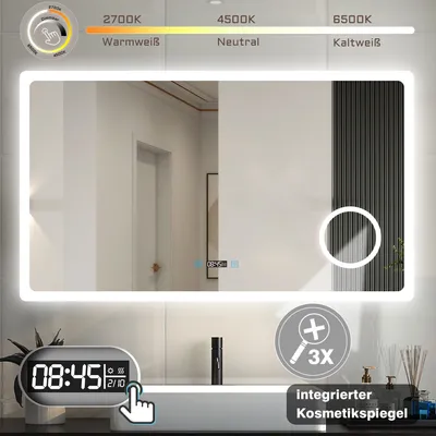 Produktbild von LED Badspiegel 140×80cm 3 Lichtfarbe 2700-6500K dimmbar Wandspiegel mit Uhr, Touch, Beschlagfrei,3-Fach Vergrößerung Schminkspiegel IP44 Kalt/Neutral/Warmweiß energiesparend