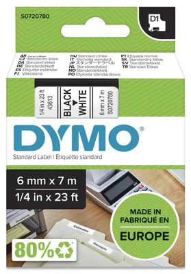 Obrázok produktu pre DYMO páska D1 6 mm x 7 m, čierna na bielej, Čierna na bielej, Polyester, Belgicko, -18 - 90 °C, DYMO, LabelManager, LabelWriter 450 DUO