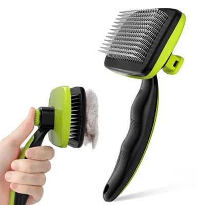 Image de Brosse pour chiens et chats - Brosse autonettoyante - Acier inoxydable - Manche ergonomique - Pour poils courts et longs