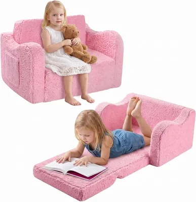 Zdjęcie produktu dla Sofa dla dzieci różowa, 2w1, rozkładana, zdejmowany pokrowiec, do pokoju dziecięcego
