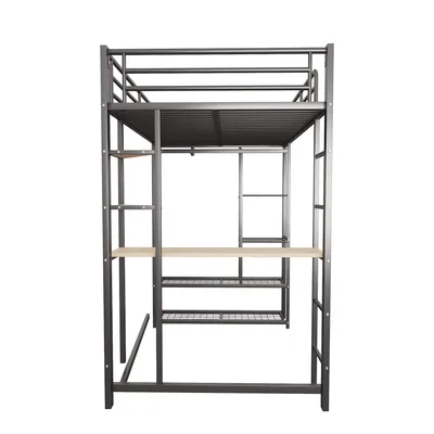 Produktbild von Merax Hochbett 90x200 mit Schreibtisch & Kleiderschrank, Kinderbett Metallbett für Kinder und Jugendliche, Etagenbett mit Stauraum und Ablage, Schwarz