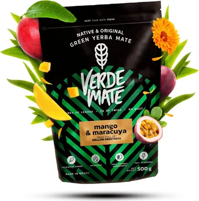 Produktbild von Verde Mate - Mate Tee Mango, Maracuya 500g - 5mm Dicke Blätter, Staubfrei - Belebend, Mild - Exotisch - Luftgetrocknet - Yerba Mate Brasilien