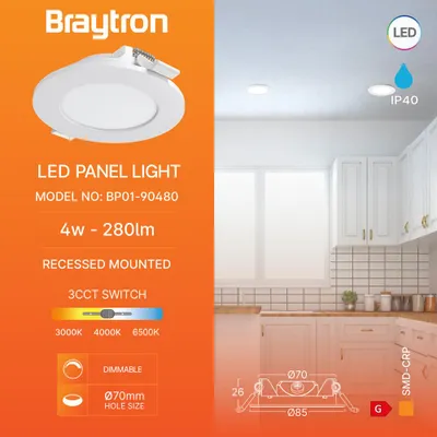 Obrázok produktu pre Braytron 6 W LED panel, stmievateľný, zapustený bodový svietidlo, zapustený reflektor, stropný reflektor, plochý, IP40, CCT 3 v 1