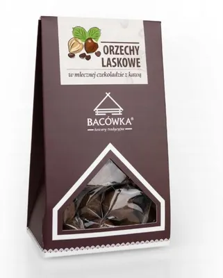 Zdjęcie produktu dla Orzechy Laskowe w mlecznej czekoladzie z kawą 100g Bacówka