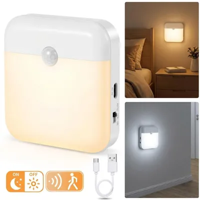Produktbild von 1Pc LED Nachtlicht Mit Bewegungsmelder USB Wiederaufladbares Dämmerungslicht Warmweiß+Weiß für Treppen, Flur, Schrank