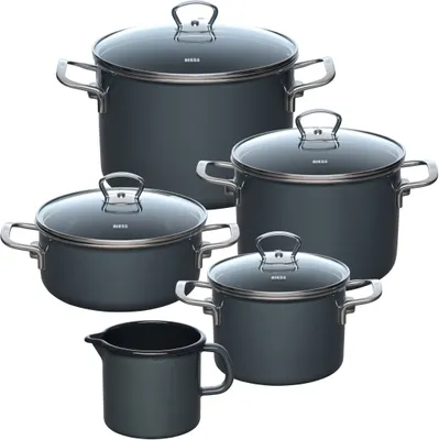A set of dark gray pots and pans with glass lids, arranged on a white background.