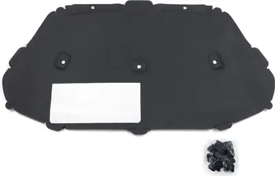 A black hood insulation mat with clips for a car.
