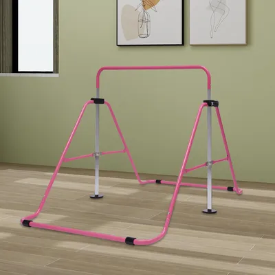 Obrázek produktu pro Skládací gymnastická hrazda – růžová barva, výškově nastavitelná – nosnost 100 kg – ocel, guma